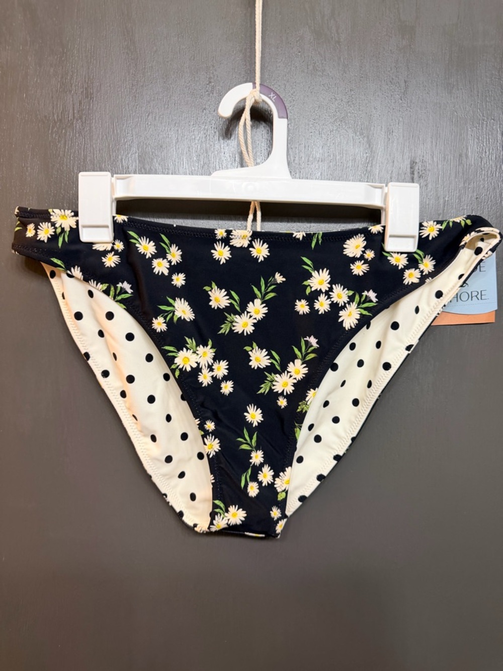Shade & Shore Black Daisy Print reversible Bikini Bottoms with Polka-Dot Lining